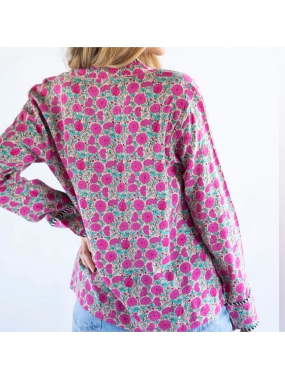 NATURAL LIFE Calypso Pink Floral Button-Down with Black & white striped Trim - Picture 6 of 7